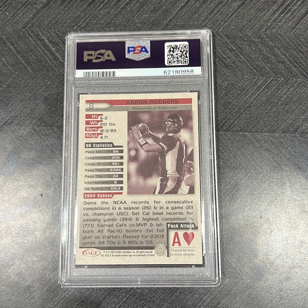 Aaron Rodgers 2005 SA-GE Hit #8 GRADED PSA GEM MINT 10 ROOKIE RC PACKERS - Picture 2 of 6